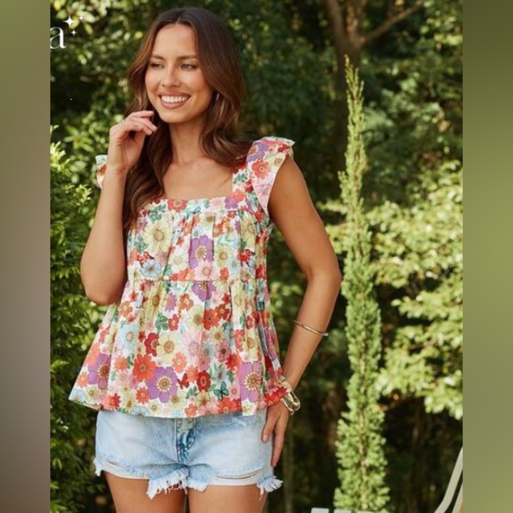 Floral Sleeveless Top with Ruffle Straps and tie in back Babydoll Style Women’s